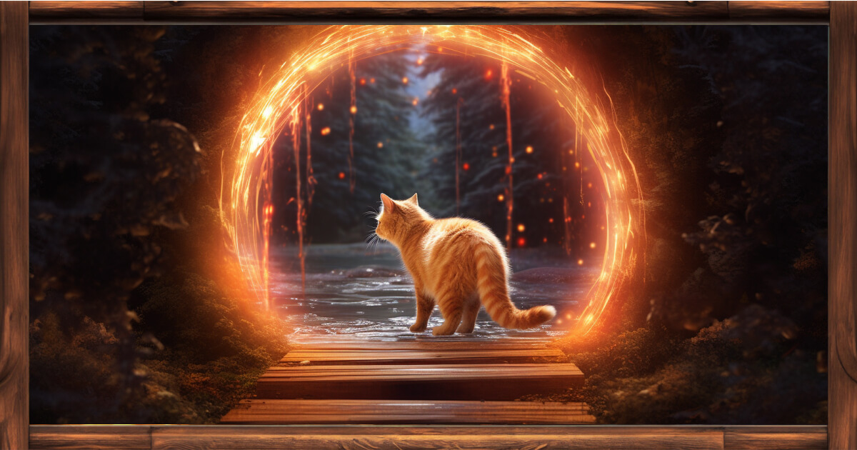 Um gato indo para Paquita através de um portal